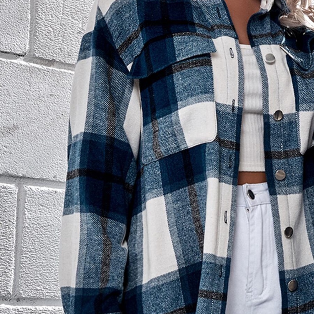 blue mix plaid button down fall coat jacket - Picture 2 of 5
